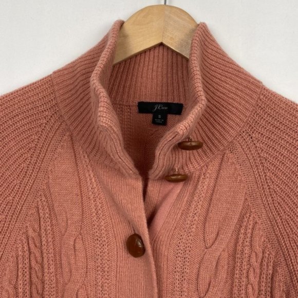 J.Crew S Salmon Cardigan Cable Knit Faux Leather Buttons Lambs Wool - Picture 4 of 14